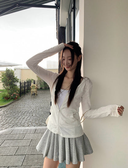 V-neck Hooded Slim-fit Zip Cardigan