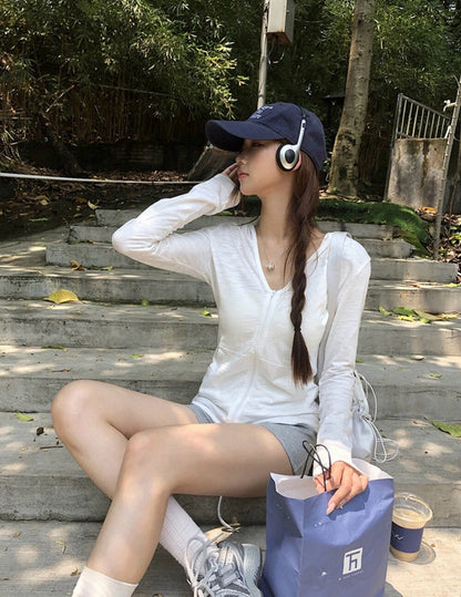 V-neck Hooded Slim-fit Zip Cardigan