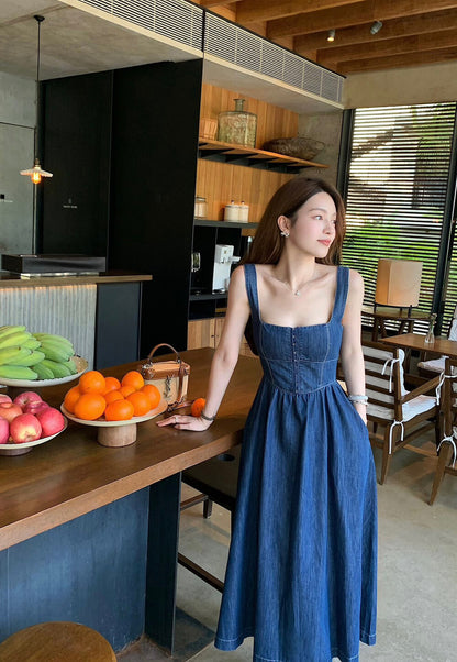French Cinched Waist Slimming Denim Dress