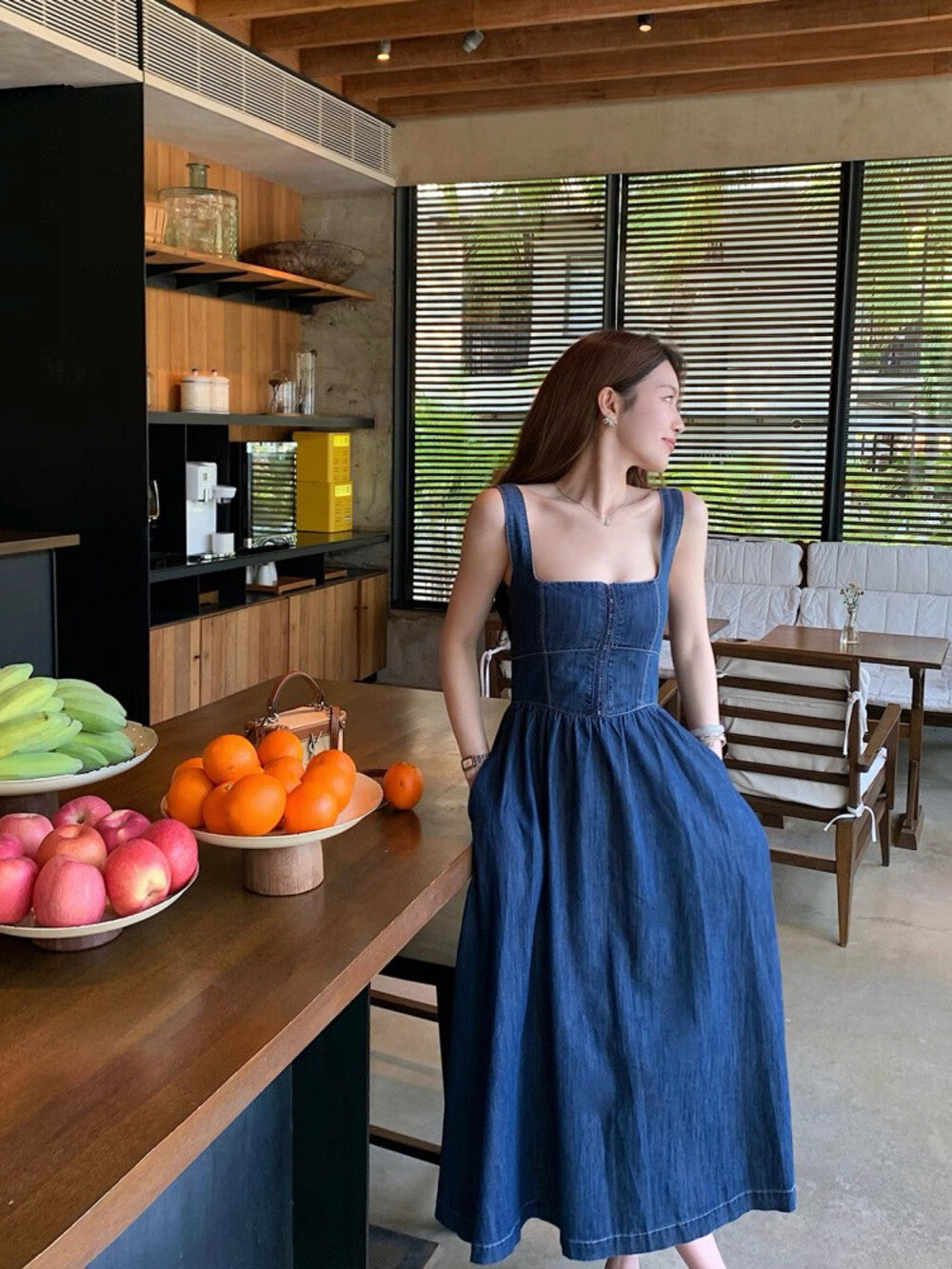 French Cinched Waist Slimming Denim Dress