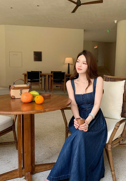 French Cinched Waist Slimming Denim Dress