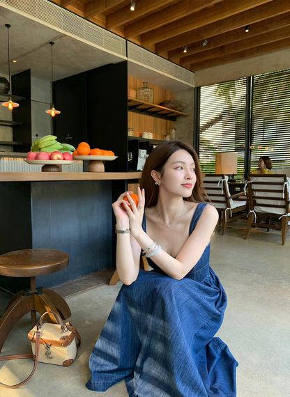 French Cinched Waist Slimming Denim Dress