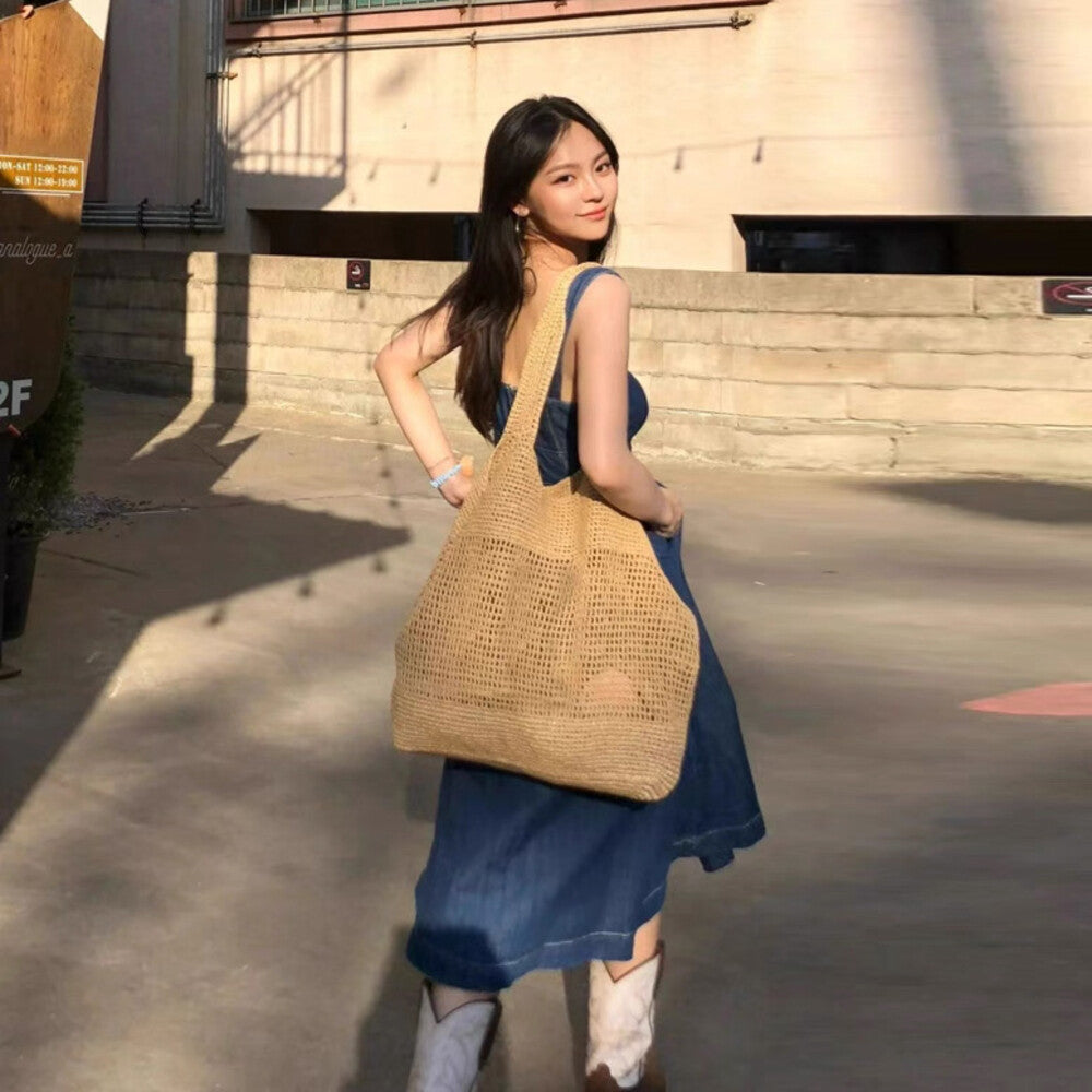 French Cinched Waist Slimming Denim Dress