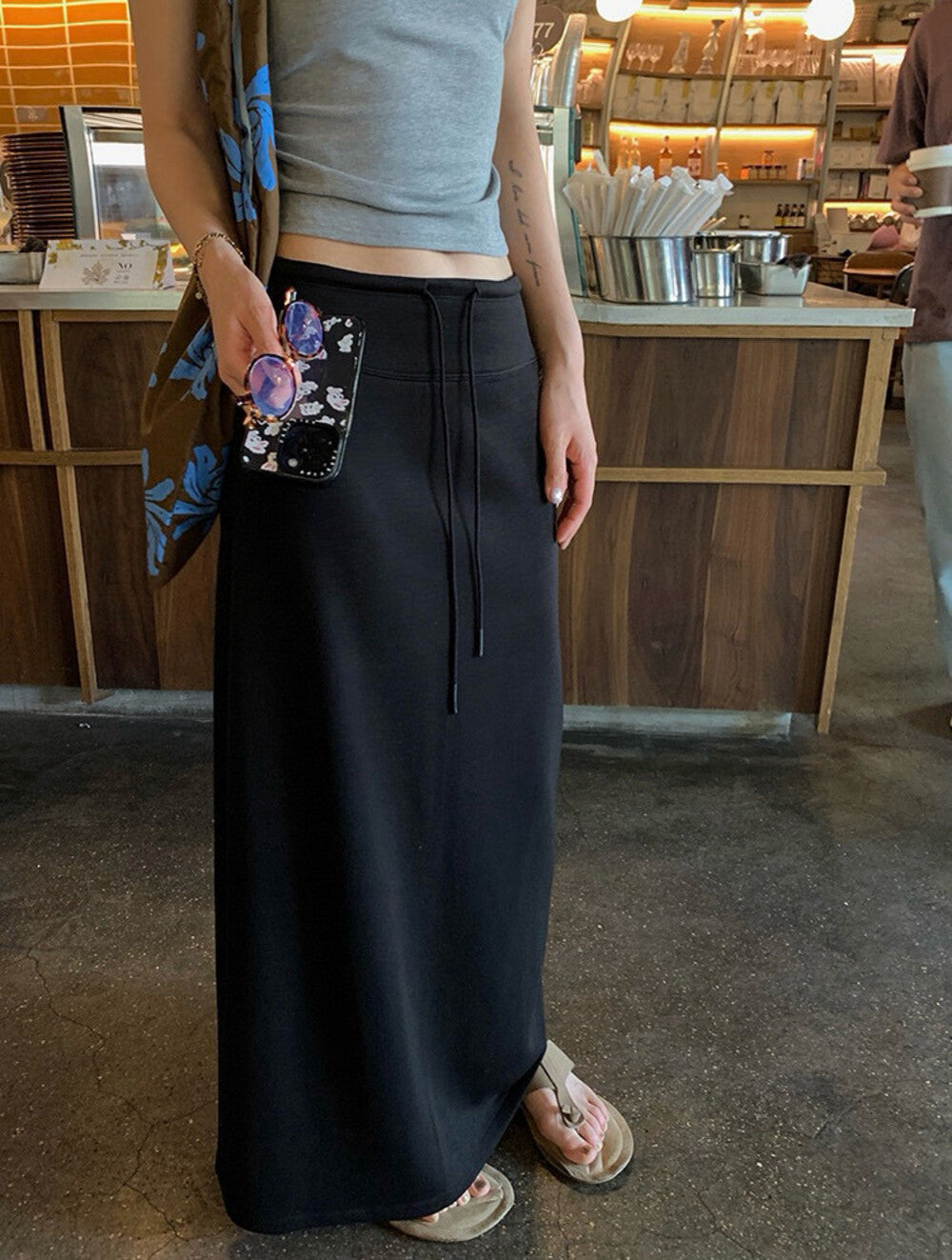 Versatile Drawstring A-Line Straight Slit Midi Skirt