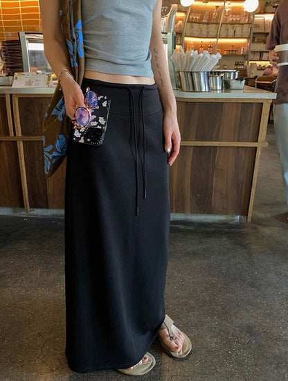Versatile Drawstring A-Line Straight Slit Midi Skirt