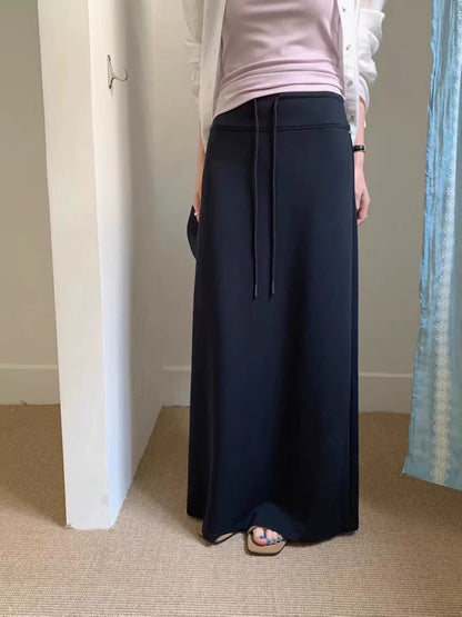 Versatile Drawstring A-Line Straight Slit Midi Skirt