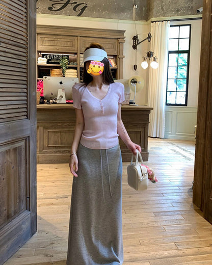 Versatile Drawstring A-Line Straight Slit Midi Skirt