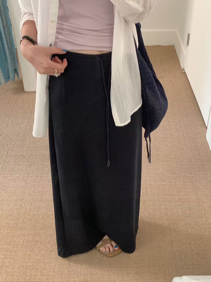 Versatile Drawstring A-Line Straight Slit Midi Skirt