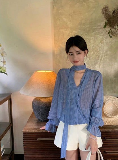 Halter Neck Polka Dot Chiffon Blouse