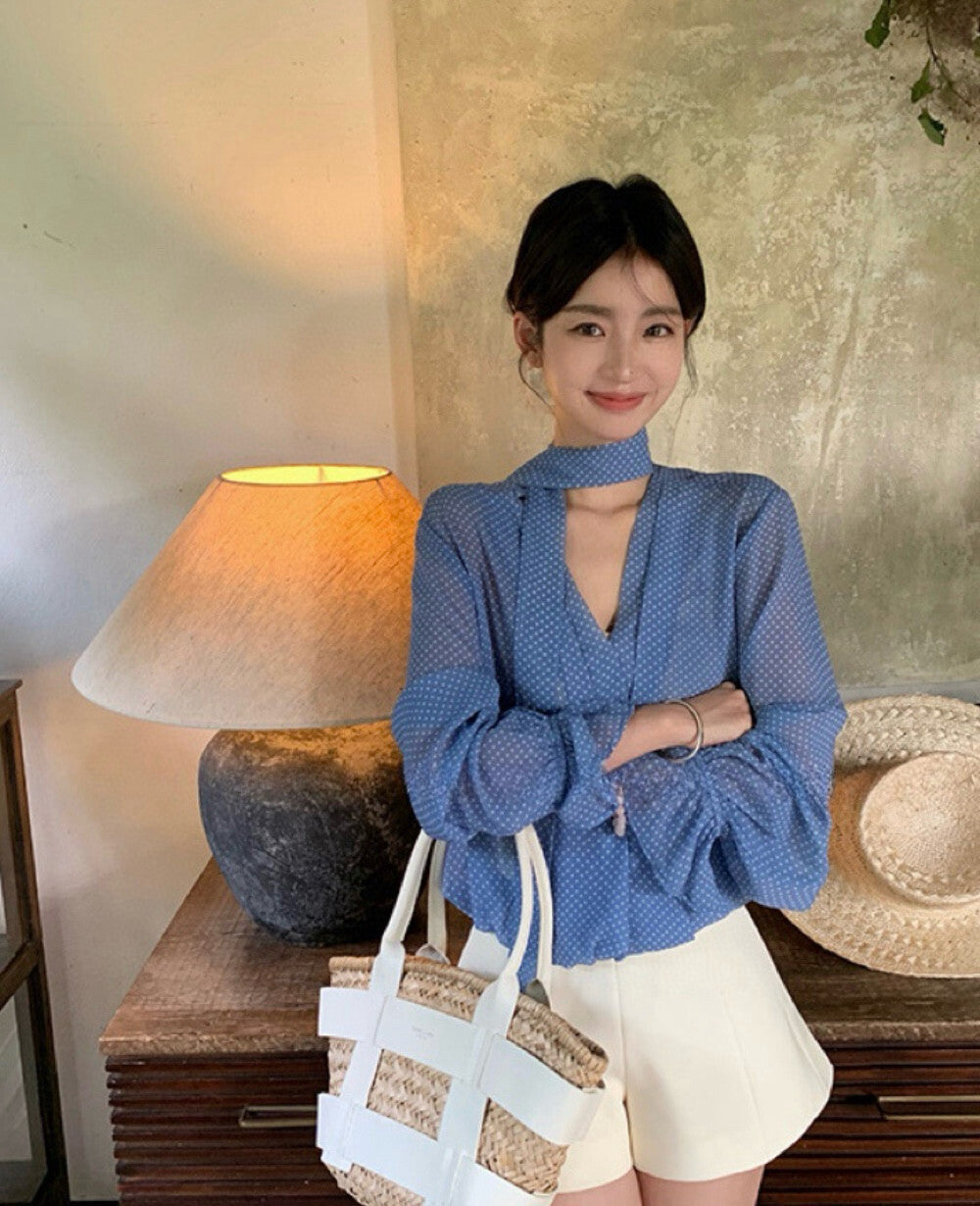 Halter Neck Polka Dot Chiffon Blouse