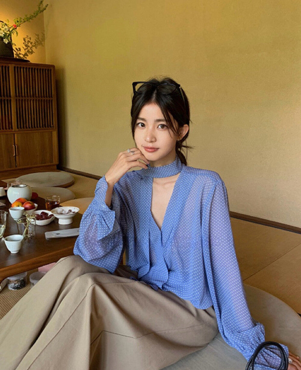 Halter Neck Polka Dot Chiffon Blouse