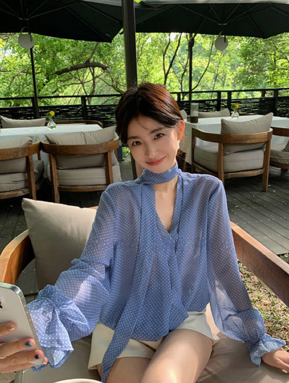 Halter Neck Polka Dot Chiffon Blouse