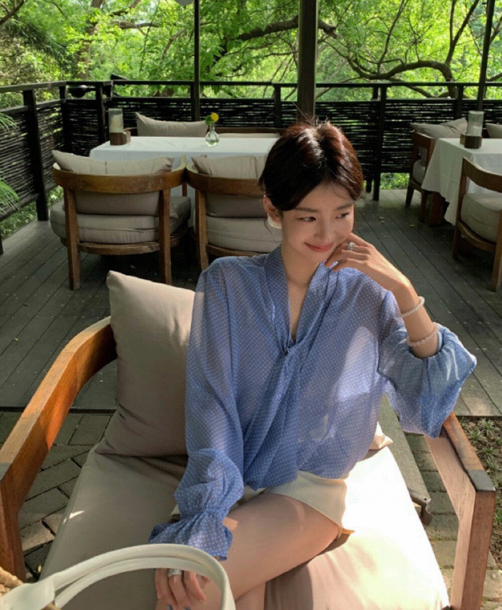 Halter Neck Polka Dot Chiffon Blouse