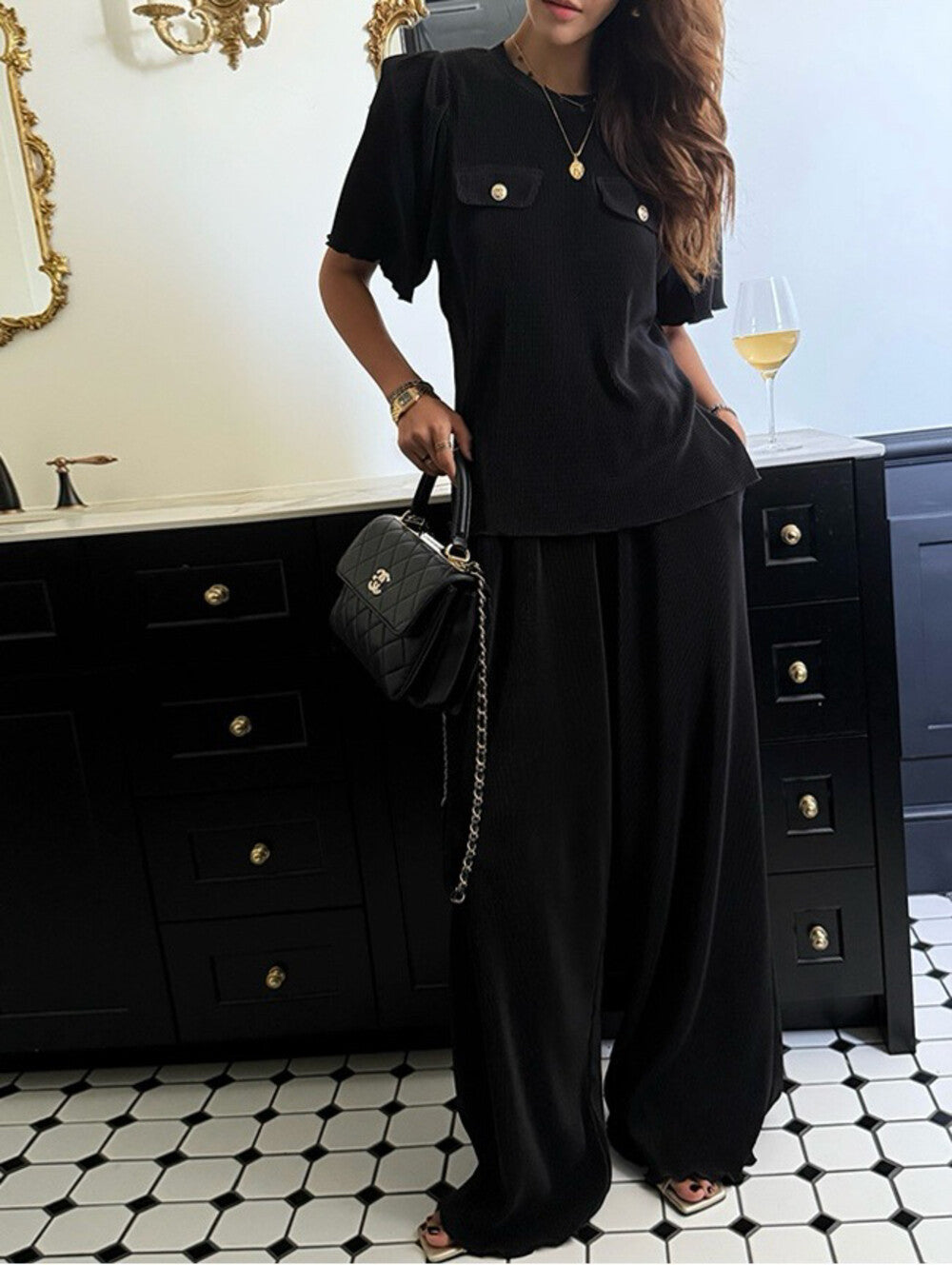 Pleated Design Top + Elastic Waist Wide-Leg Pants Set