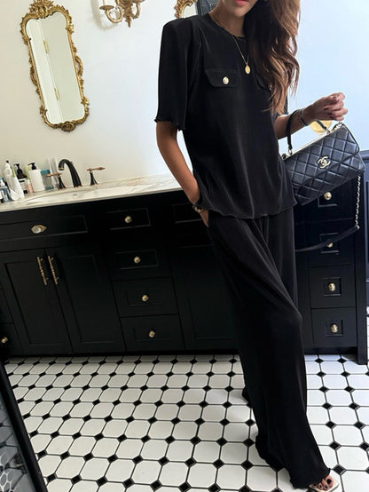 Pleated Design Top + Elastic Waist Wide-Leg Pants Set