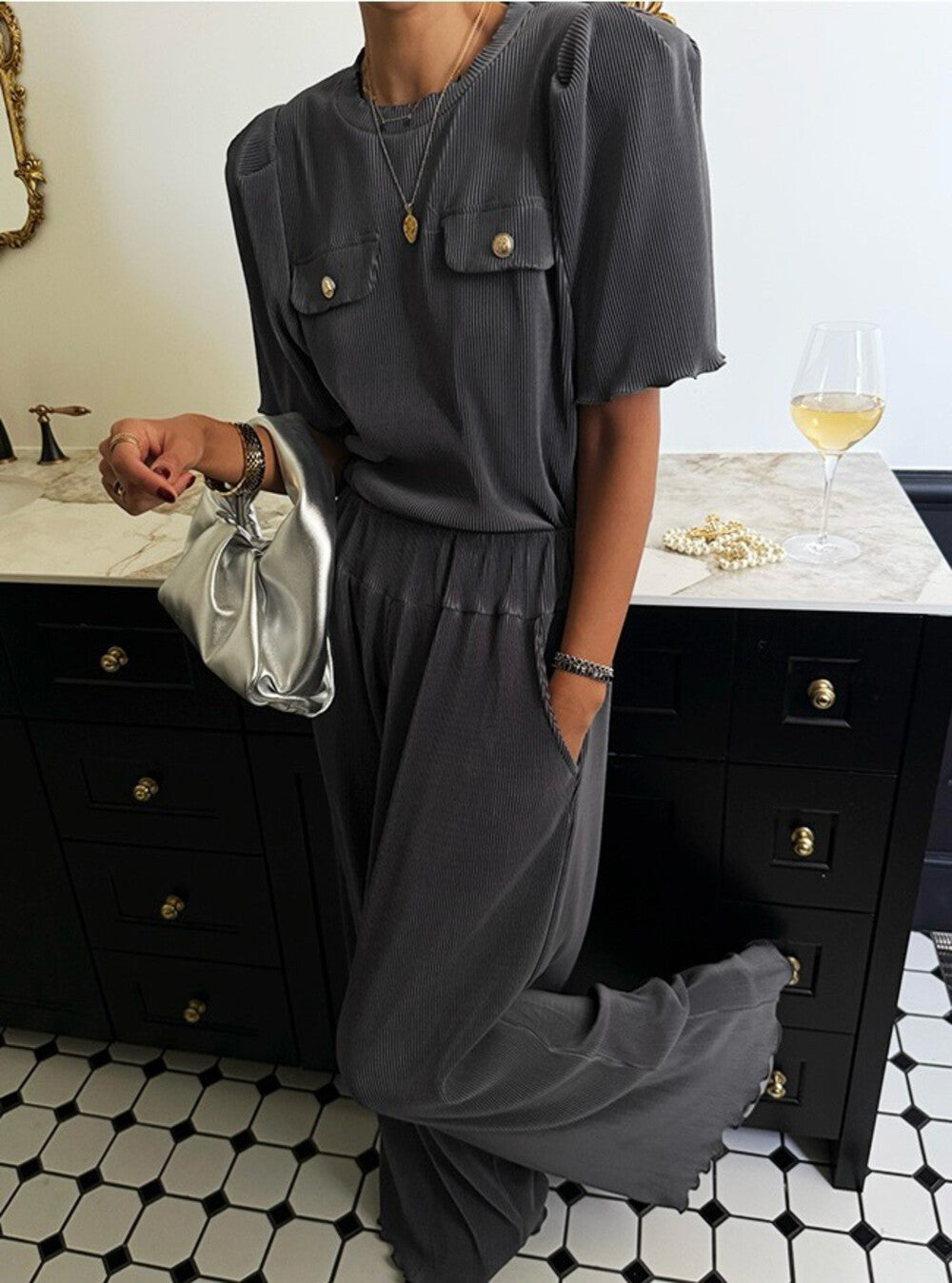 Pleated Design Top + Elastic Waist Wide-Leg Pants Set