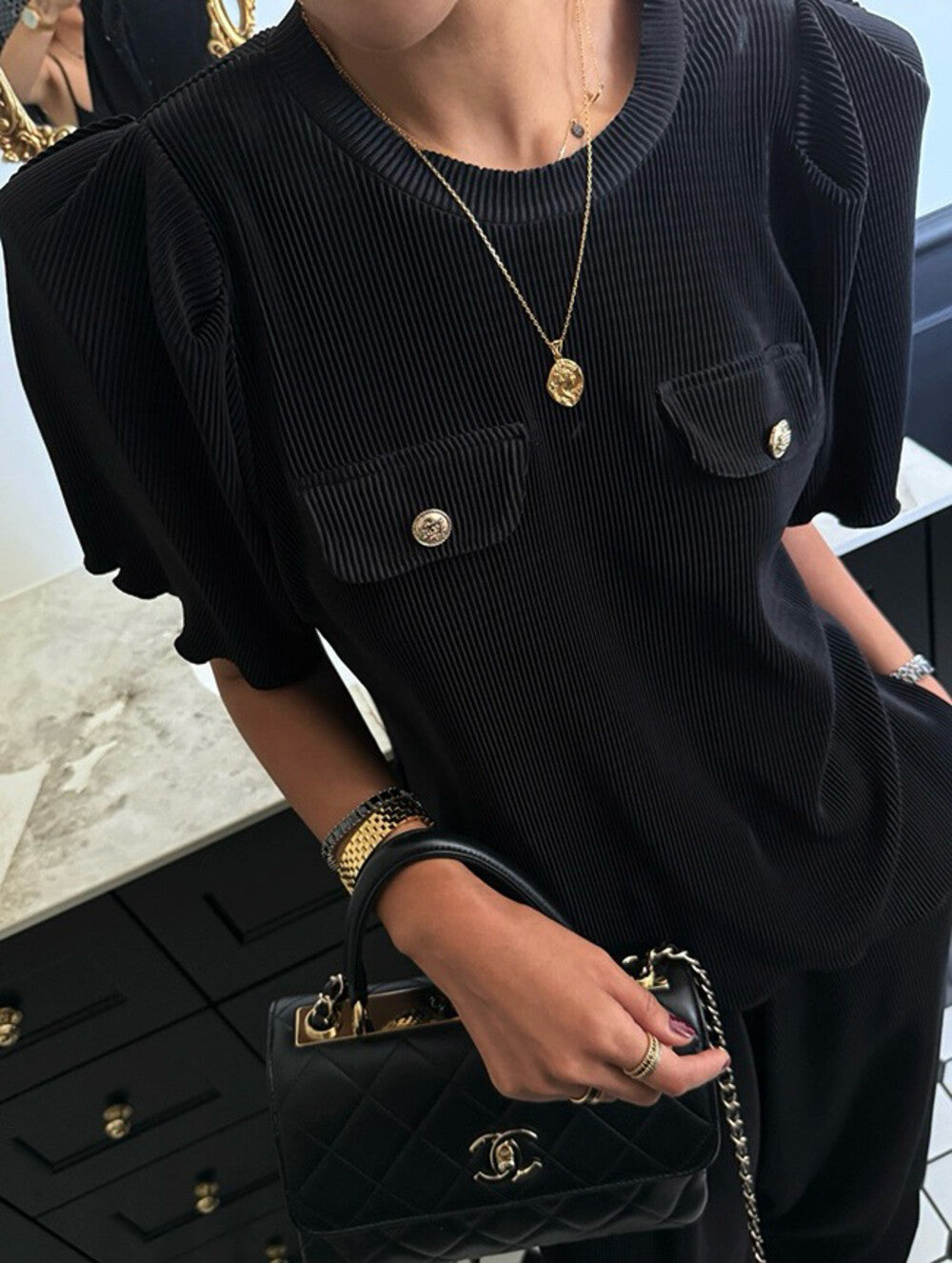 Pleated Design Top + Elastic Waist Wide-Leg Pants Set