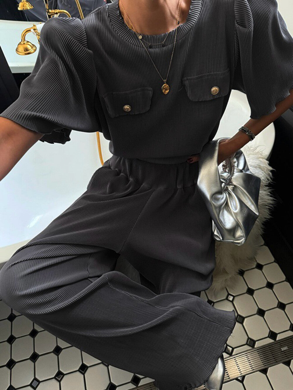 Pleated Design Top + Elastic Waist Wide-Leg Pants Set