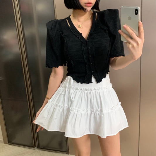 レースVネックシングルボタンブラウス