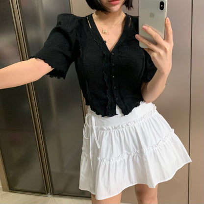 レースVネックシングルボタンブラウス
