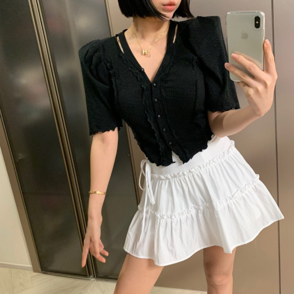 レースVネックシングルボタンブラウス