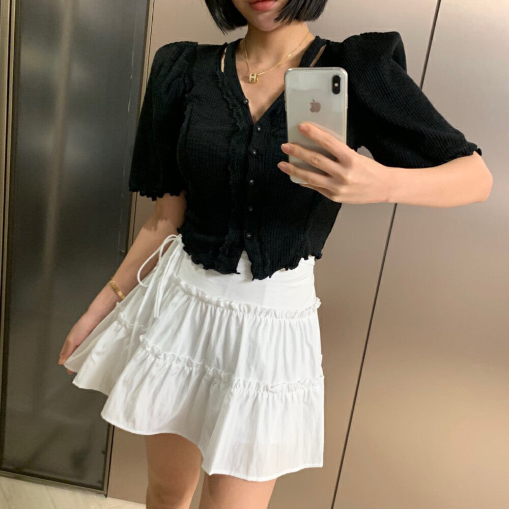 レースVネックシングルボタンブラウス