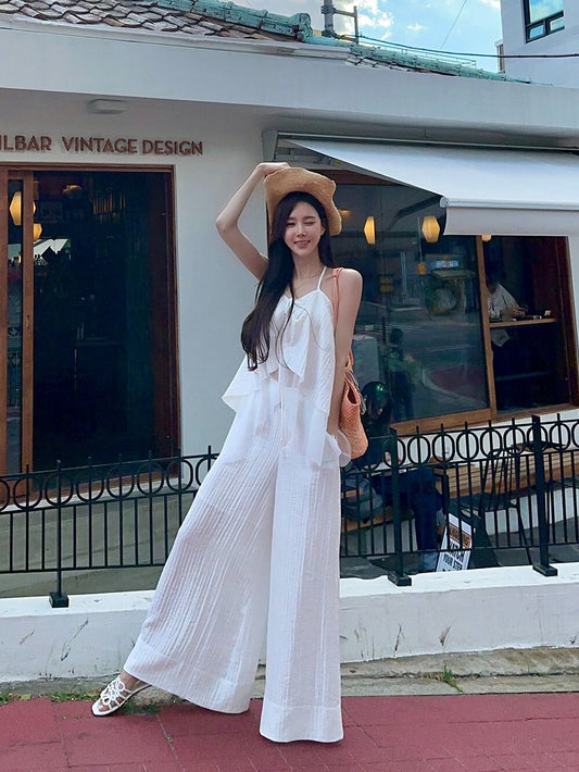 掛脖不規則吊帶+寬鬆闊腿褲set