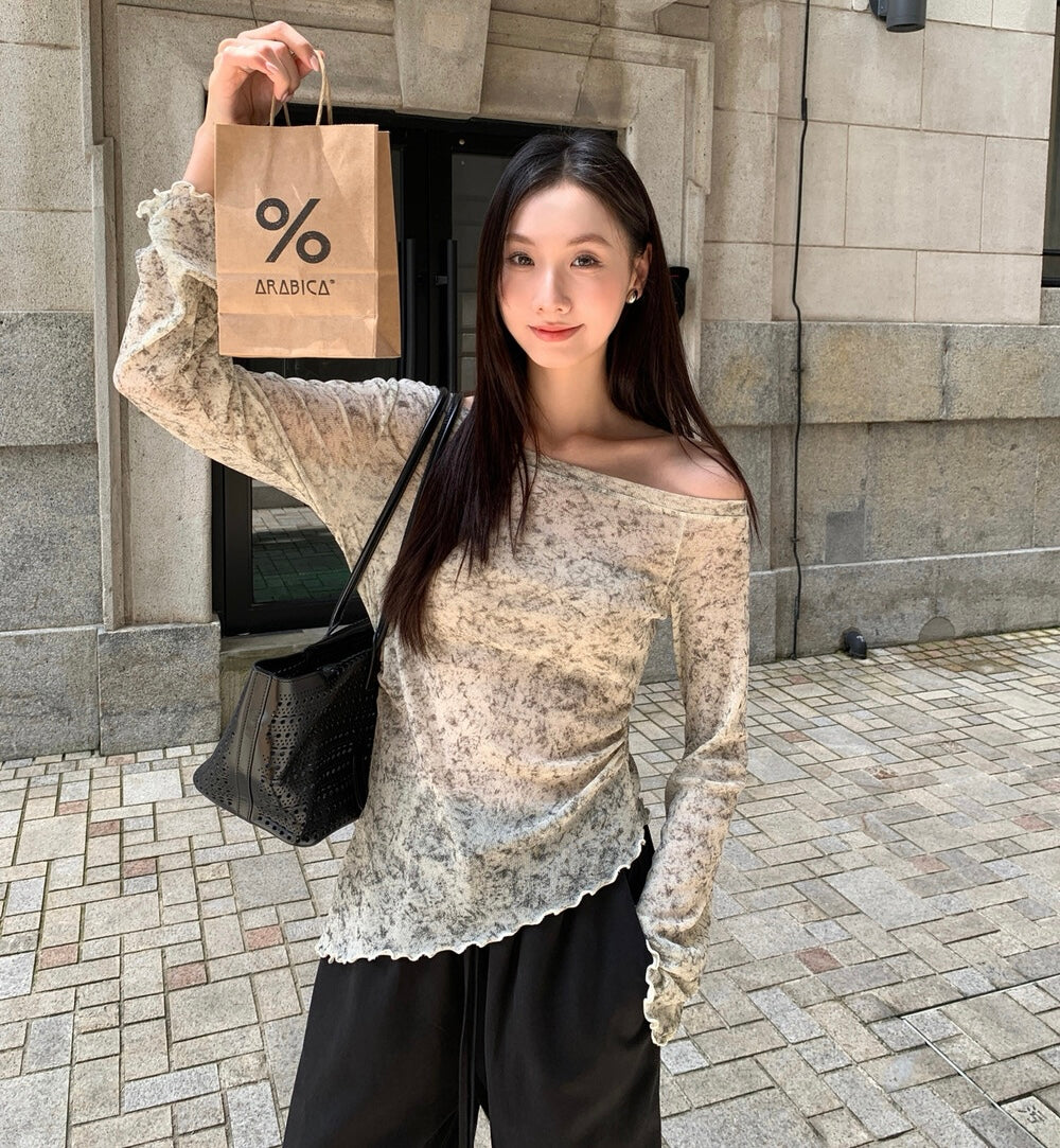 不規則下擺暈染花朵top