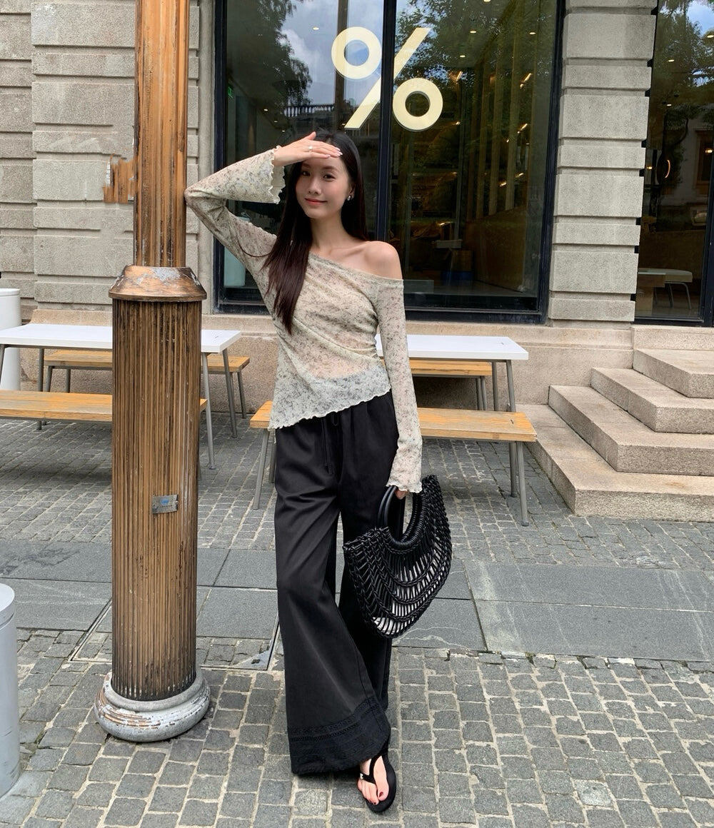 不規則下擺暈染花朵top