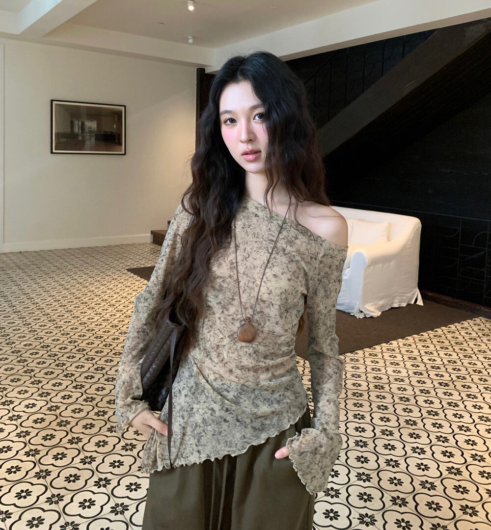 不規則下擺暈染花朵top