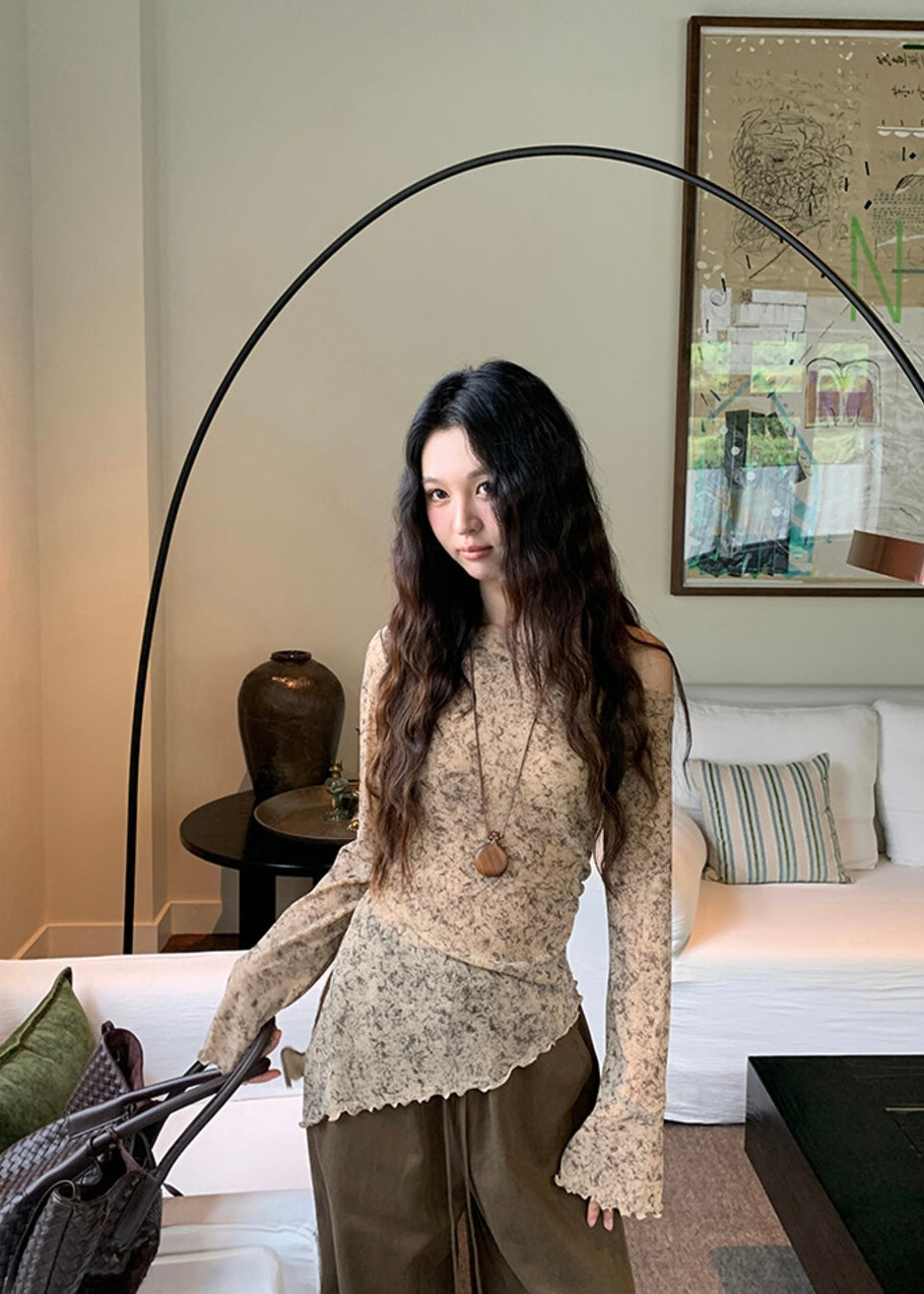 不規則下擺暈染花朵top