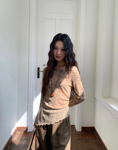 不規則下擺暈染花朵top