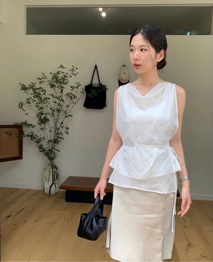 無袖蕩領收腰系帶背心