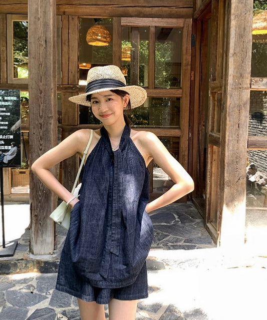 Denim Halter Loose Top + Wide-Leg Shorts Set