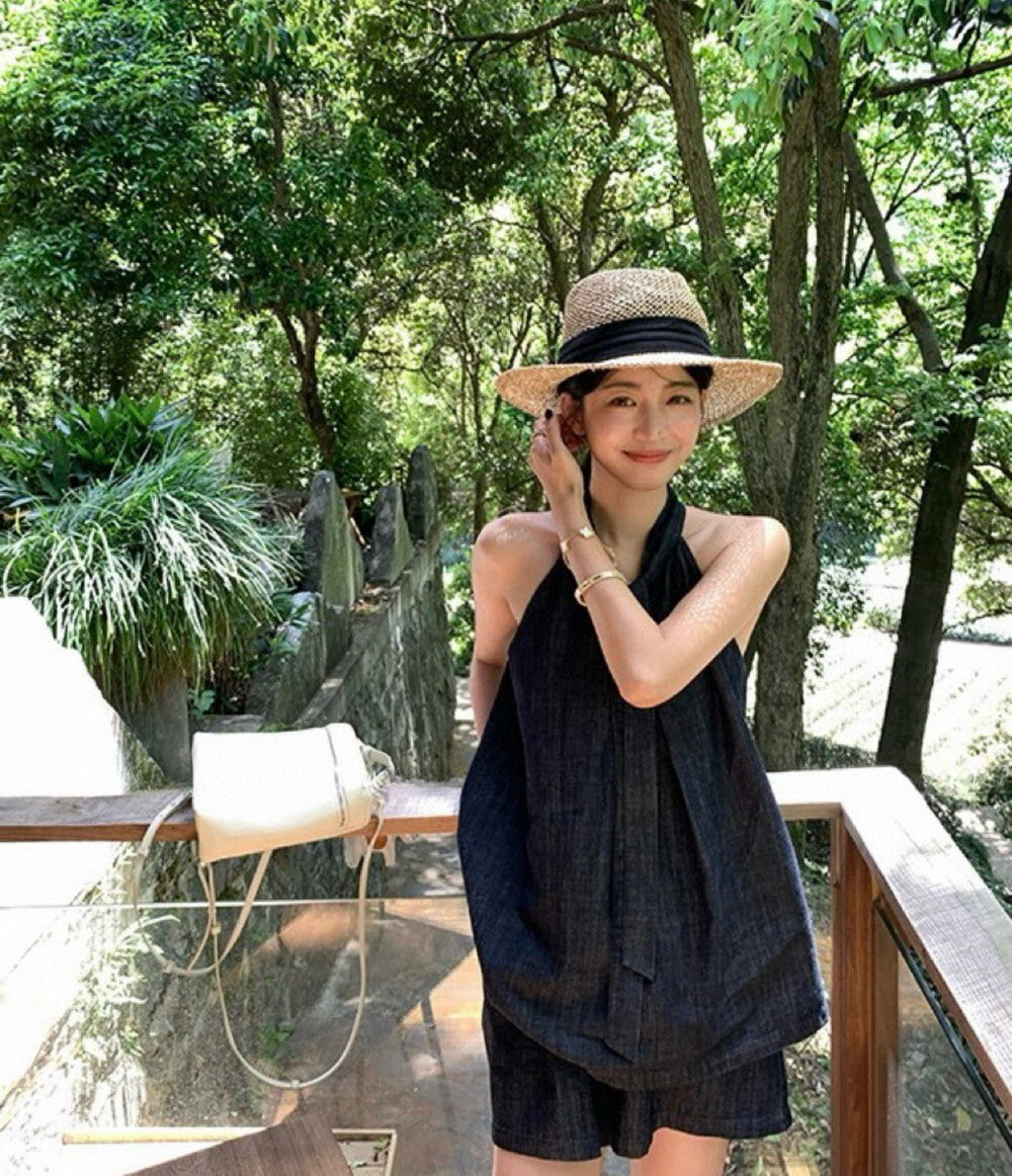 Denim Halter Loose Top + Wide-Leg Shorts Set