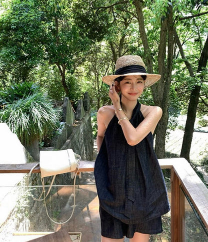 Denim Halter Loose Top + Wide-Leg Shorts Set