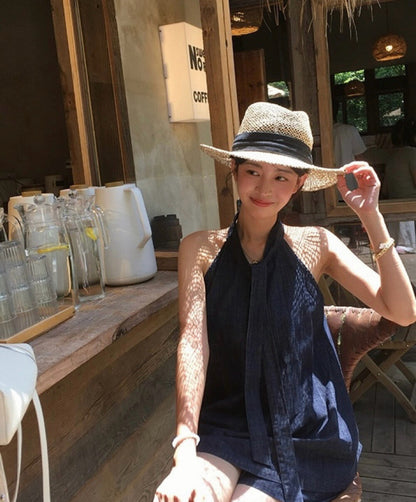 Denim Halter Loose Top + Wide-Leg Shorts Set