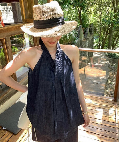 Denim Halter Loose Top + Wide-Leg Shorts Set