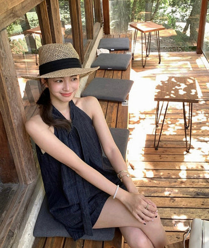 Denim Halter Loose Top + Wide-Leg Shorts Set