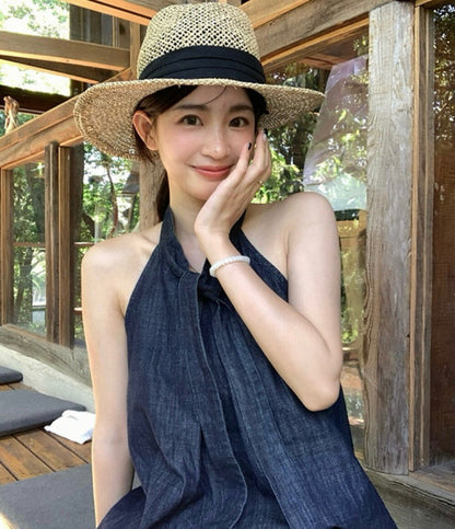 Denim Halter Loose Top + Wide-Leg Shorts Set