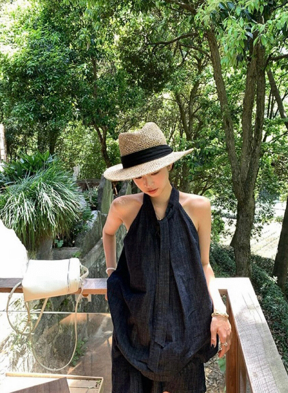 Denim Halter Loose Top + Wide-Leg Shorts Set