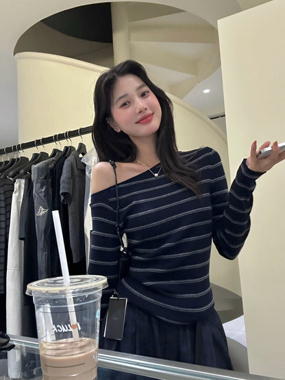 Lazy Off-Shoulder Striped Knit Top