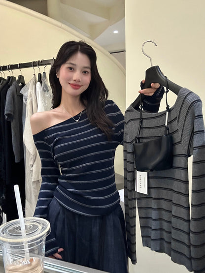 Lazy Off-Shoulder Striped Knit Top