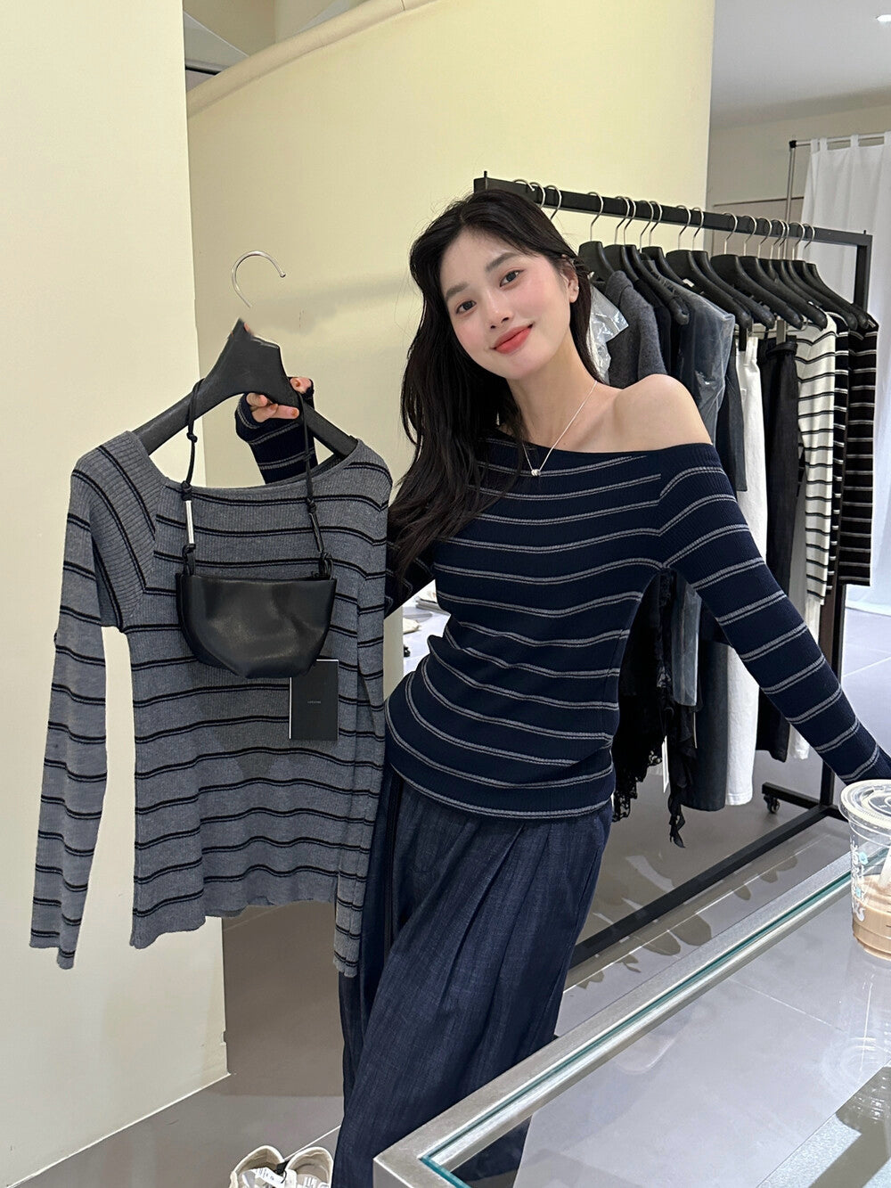 Lazy Off-Shoulder Striped Knit Top