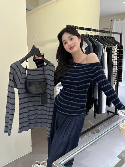 Lazy Off-Shoulder Striped Knit Top