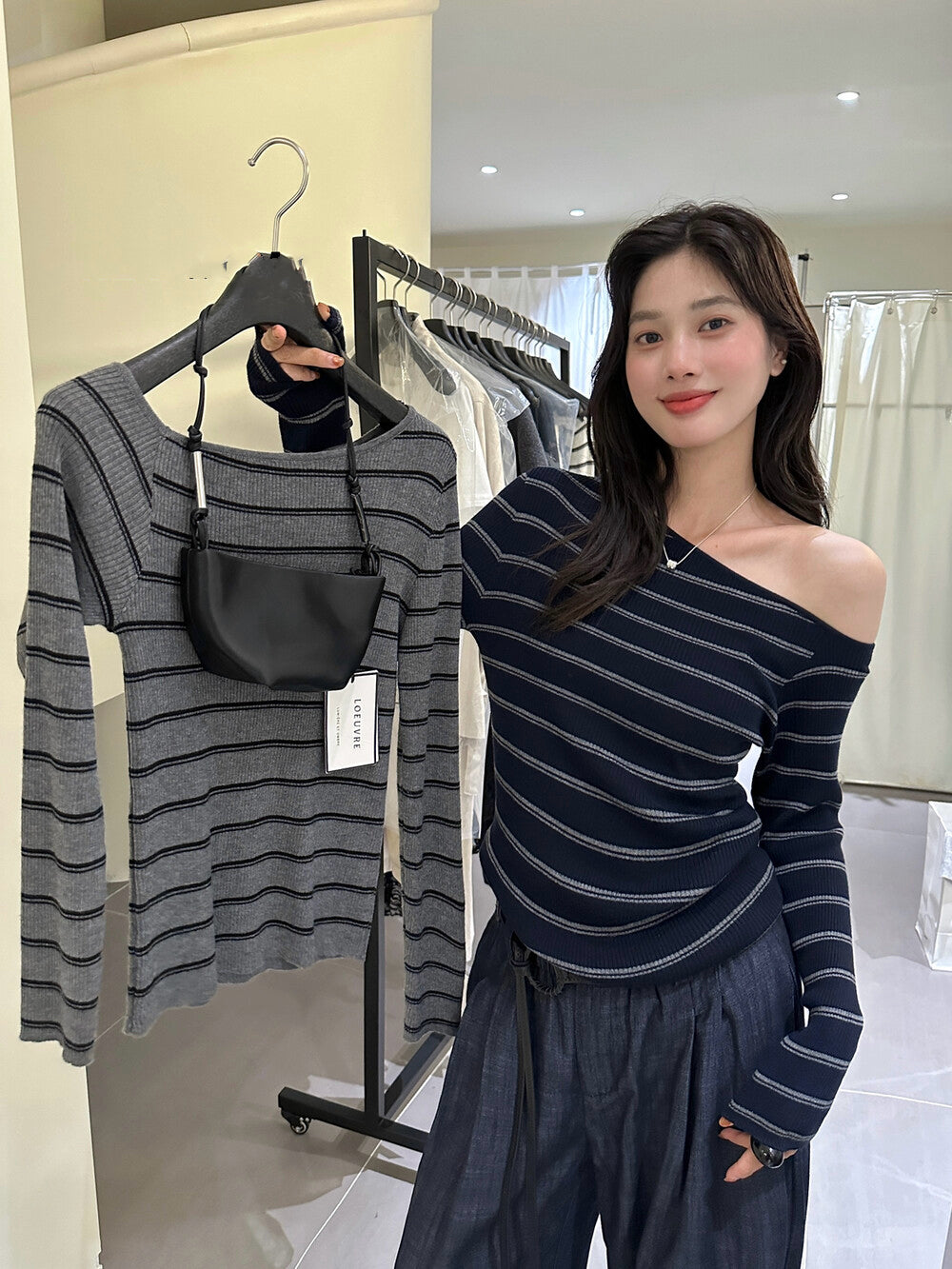 Lazy Off-Shoulder Striped Knit Top