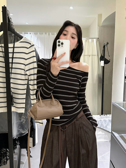 Lazy Off-Shoulder Striped Knit Top