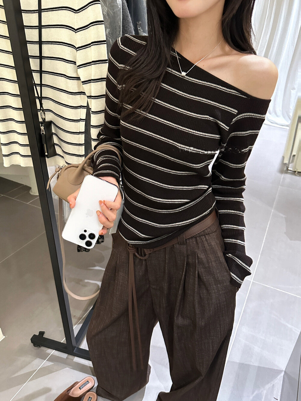 Lazy Off-Shoulder Striped Knit Top
