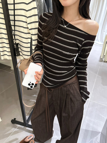 Lazy Off-Shoulder Striped Knit Top