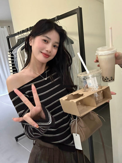 Lazy Off-Shoulder Striped Knit Top